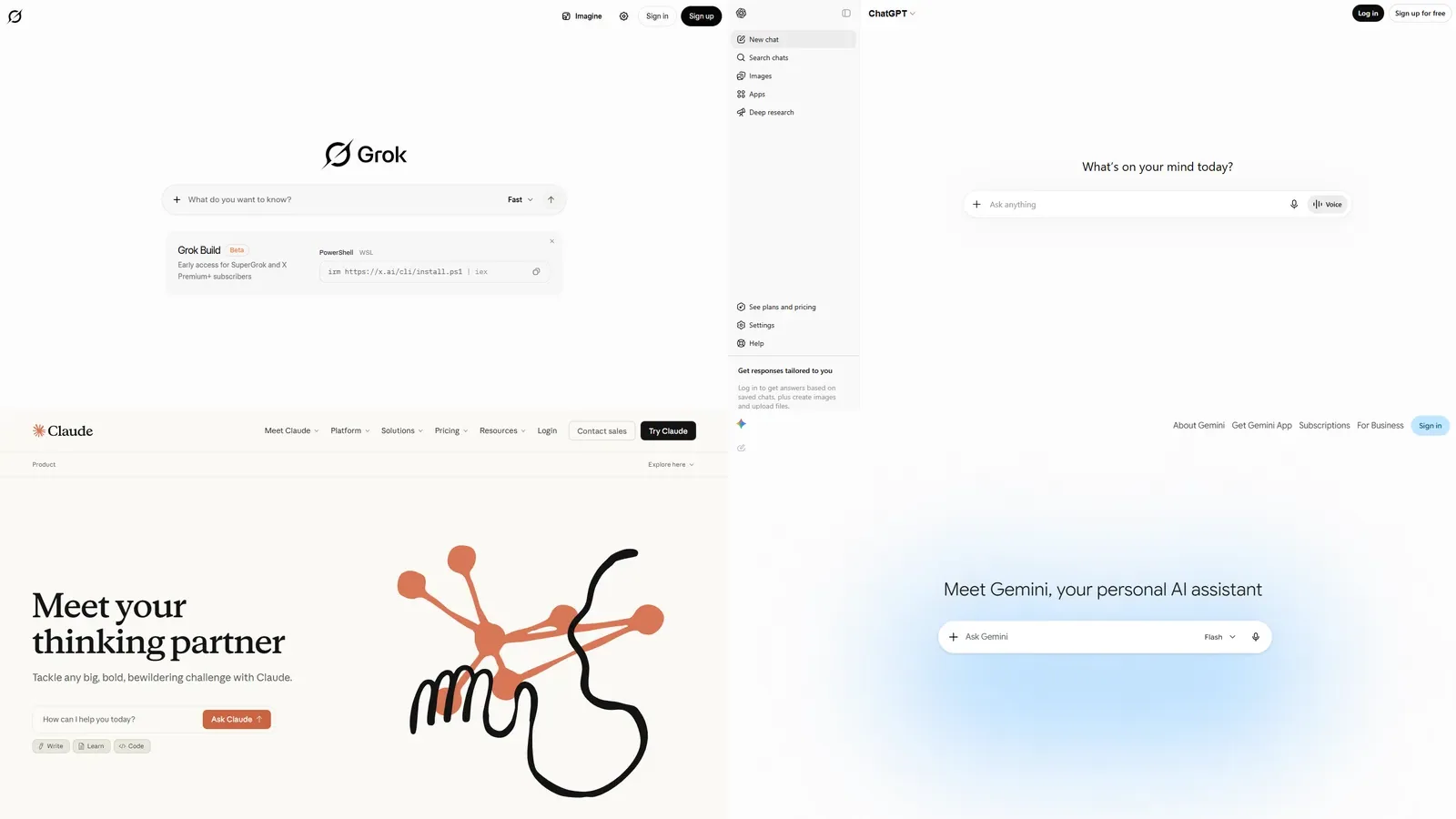Official desktop surfaces for Grok, ChatGPT, Claude, and Gemini shown in a comparison collage.
