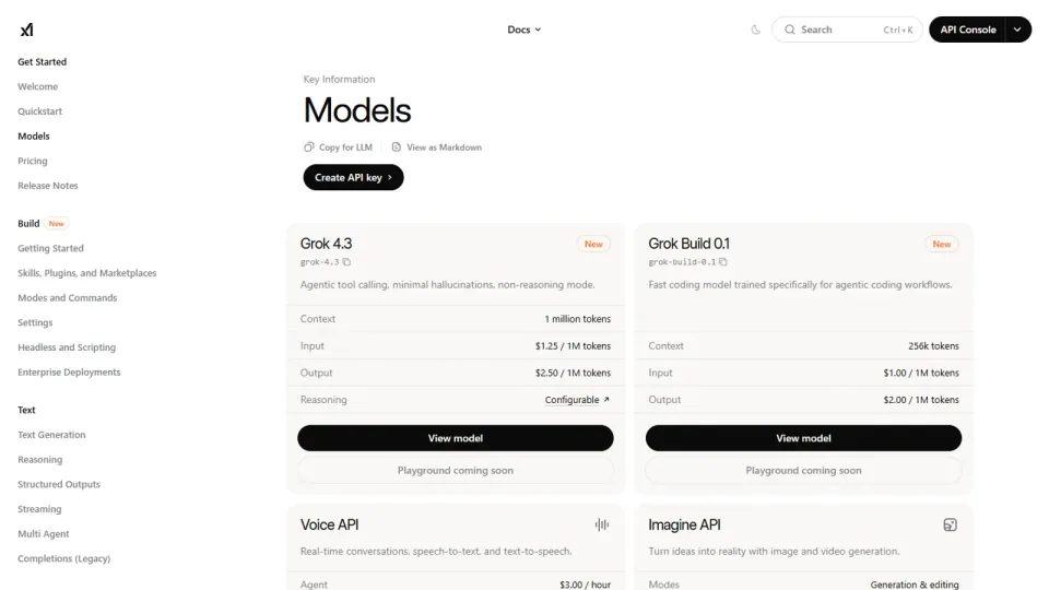 Official xAI model docs page showing model cards and API context.