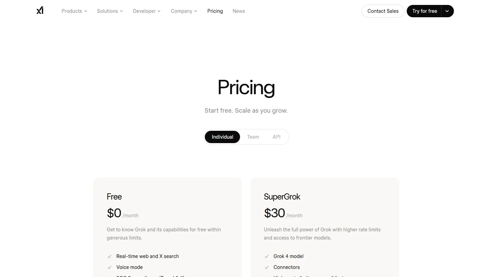 Official xAI pricing page on desktop with plan navigation and plan cards.
